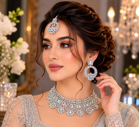 Silver Jerkan Stone Beautiful Necklace Set ( Slight variation in colour and design is possible)