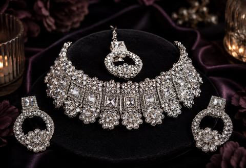 Silver Jerkan Stone Beautiful Necklace Set ( Slight variation in colour and design is possible)