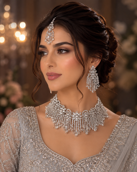 Silver Jerkan Stone Beautiful Necklace Set ( Slight variation in colour and design is possible)