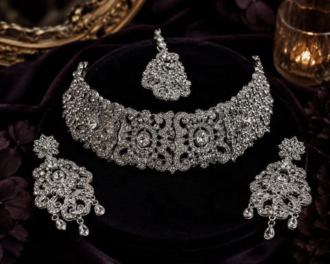Silver Jerkan Stone Beautiful Necklace Set ( Slight variation in colour and design is possible)
