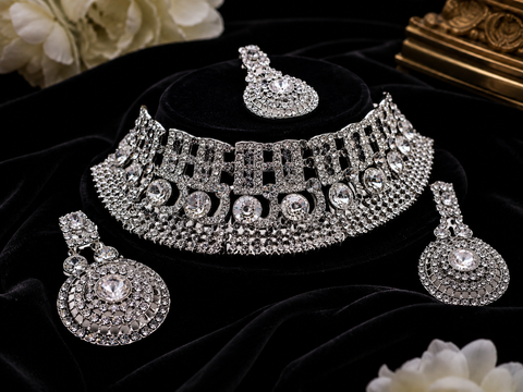 Silver Jerkan Stone Beautiful Necklace Set ( Slight variation in colour and design is possible)