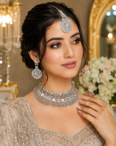 Silver Jerkan Stone Beautiful Necklace Set ( Slight variation in colour and design is possible)