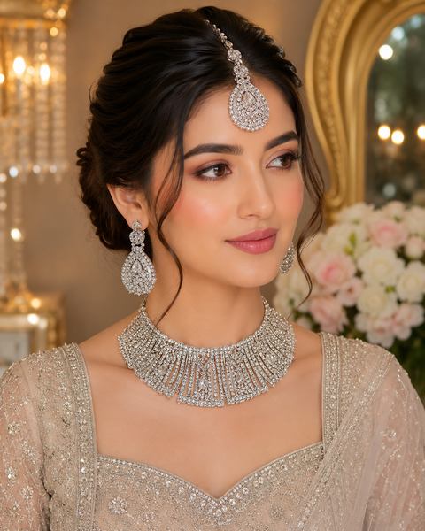 Silver Jerkan Stone Beautiful Necklace Set ( Slight variation in colour and design is possible)