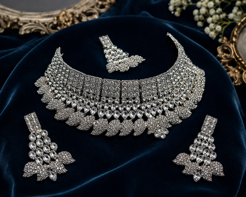 Silver Jerkan Stone Beautiful Necklace Set ( Slight variation in colour and design is possible)
