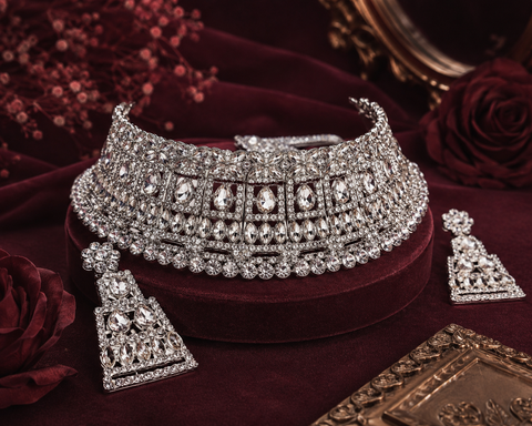 Silver Jerkan Stone Beautiful Necklace Set ( Slight variation in colour and design is possible)