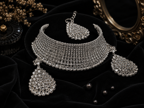 Silver Jerkan Stone Beautiful Necklace Set ( Slight variation in colour and design is possible)