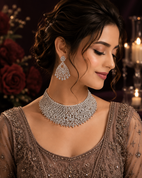 Silver Jerkan Stone Beautiful Necklace Set ( Slight variation in colour and design is possible)