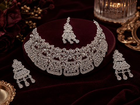 Silver Jerkan Stone Beautiful Necklace Set ( Slight variation in colour and design is possible)