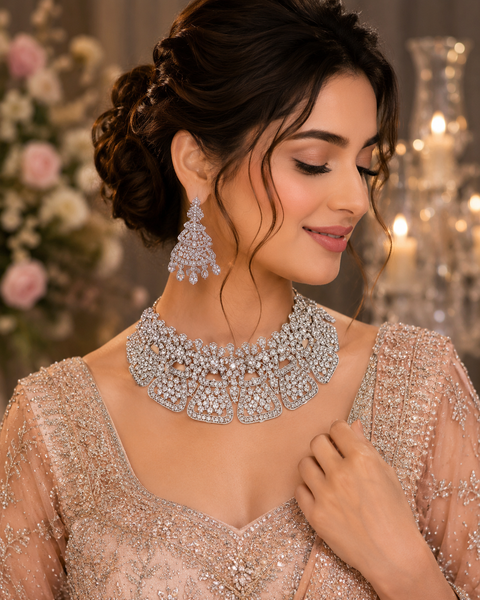 Silver Jerkan Stone Beautiful Necklace Set ( Slight variation in colour and design is possible)
