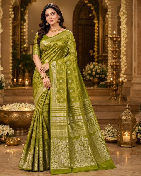 Art silk saree,woven pallu and intricate border.Comes with attached blouse piece (model blouse for reference only)Slight color in color and design may be possible)