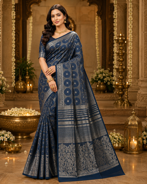 Art silk saree,woven pallu and intricate border.Comes with attached blouse piece (model blouse for reference only)Slight color in color and design may be possible)