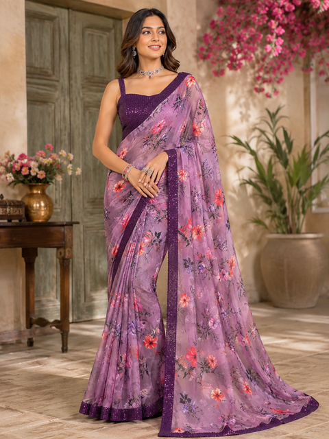 Elegant Floral Saree Set ✨ — Fully stitched sequin blouse included, saree is unstitched/normal drape style; slight variation in color and design is possible (blouse size 38 and can be altered upto 42)
