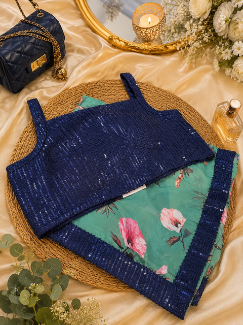 Elegant Floral Saree Set ✨ — Fully stitched sequin blouse included, saree is unstitched/normal drape style; slight variation in color and design is possible (blouse size 38 and can be altered upto 42)