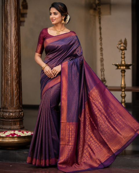 Premium South Silk Saree with rich zari weaving and contrast woven pallu. featuring elegant dual-tone shades.Model-worn blouse is for reference only. Unstitched blouse piece is attached with saree(slight variation in color & design is possible)