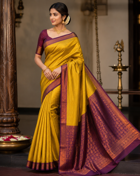 Premium South Silk Saree with rich zari weaving and contrast woven pallu. featuring elegant dual-tone shades.Model-worn blouse is for reference only. Unstitched blouse piece is attached with saree(slight variation in color & design is possible)