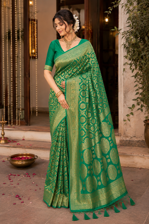 Elegant Banarasi Silk Saree with stone-work border. Blouse worn by the model is for reference only; saree comes with its own attached blouse piece. Slight variation in color and design may occur