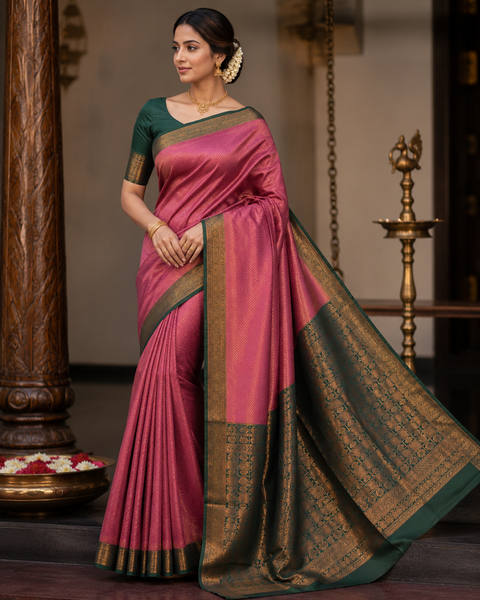 Premium South Silk Saree with rich zari weaving and contrast woven pallu. featuring elegant dual-tone shades.Model-worn blouse is for reference only. Unstitched blouse piece is attached with saree(slight variation in color & design is possible)