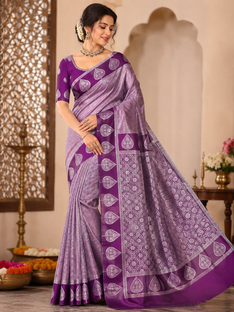 Premium South Silk Saree with rich zari weaving and contrast woven pallu. featuring elegant dual-tone shades.Model-worn blouse is for reference only. Unstitched blouse piece is attached with saree(slight variation in color & design is possible)