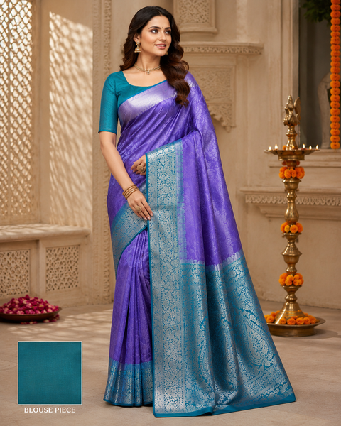 Premium South Silk Saree with rich zari weaving and contrast woven pallu. featuring elegant dual-tone shades.Model-worn blouse is for reference only. Unstitched blouse piece is attached with saree(slight variation in color & design is possible)