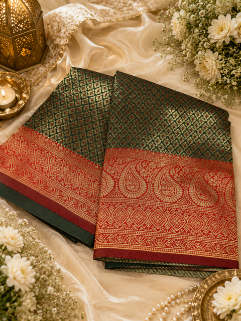 Premium soft Silk Saree with rich zari weaving and contrast woven pallu. featuring elegant dual-tone shades.Model-worn blouse is for reference only. Unstitched blouse piece is attached with saree(slight variation in color & design is possible)