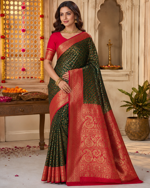 Premium soft Silk Saree with rich zari weaving and contrast woven pallu. featuring elegant dual-tone shades.Model-worn blouse is for reference only. Unstitched blouse piece is attached with saree(slight variation in color & design is possible)