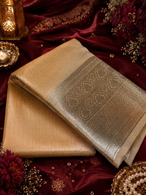 Elegant Golden Tissue Saree featuring a lightweight sheer weave and subtle metallic sheen, Model-Worn Blouse Is For Reference Only. Unstitched Blouse Piece Is Attached With Saree(Slight Variation In Color & Design Is Possible)