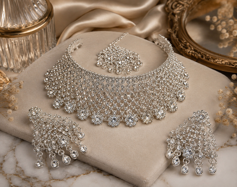 Silver Jerkan Stone Beautiful Necklace Set (slight variation in color and design is possible)