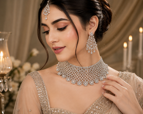 Silver Jerkan Stone Beautiful Necklace Set (slight variation in color and design is possible)
