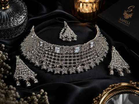 Silver Jerkan Stone Beautiful Necklace Set (slight variation in color and design is possible)