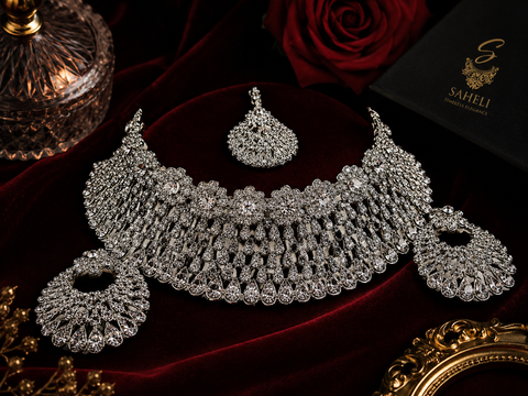 Silver Jerkan Stone Beautiful Necklace Set (slight variation in color and design is possible)