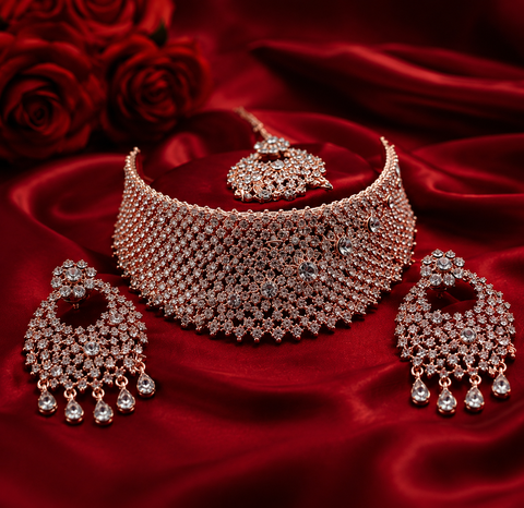 Rosegold Silver Jerkan Stone Beautiful Necklace Set (slight variation in color and design is possible)