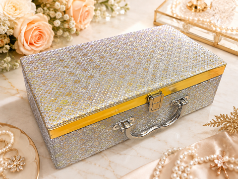 Beautiful glitter-finish bangle/jewellery storage box with a luxurious red velvet interior and spacious bangle holders.
 Approx. Size: 30 × 17× 9 Cm.
