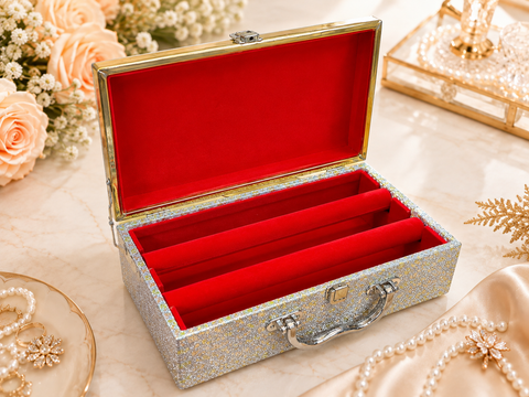 Beautiful glitter-finish bangle/jewellery storage box with a luxurious red velvet interior and spacious bangle holders.
 Approx. Size: 30 × 17× 9 Cm.