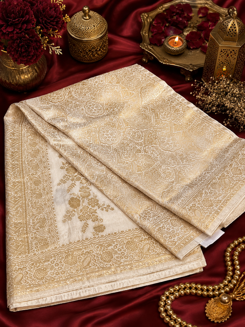 Cream color Beautiful Very Soft Pure Dola Silk Beautiful Saree (very soft to set the pleates) Blouse Shown Is For Reference Only.The Blouse Piece Is Included With Saree As Unstitched(slight variation in color and design is possible)
