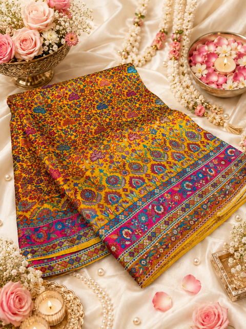 Kashmiri Kalamkari Inspired Soft Silk Saree with vibrant multicolour weaving and an elegant contrast pallu for a rich, timeless look.Blouse piece attached. Model image for reference only. Slight variation in colour and design may occur.