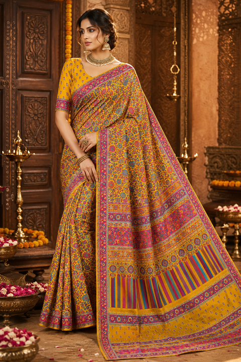 Kashmiri Kalamkari Inspired Soft Silk Saree with vibrant multicolour weaving and an elegant contrast pallu for a rich, timeless look.Blouse piece attached. Model image for reference only. Slight variation in colour and design may occur.