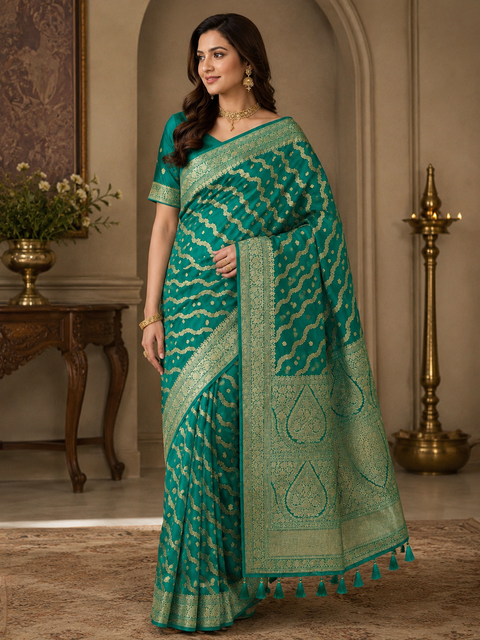 Premium Banarasi Silk Saree featuring elegant zari weaving throughout; saree comes with an attached blouse piece. Model blouse is for reference only. Slight variation in colour and design may occur