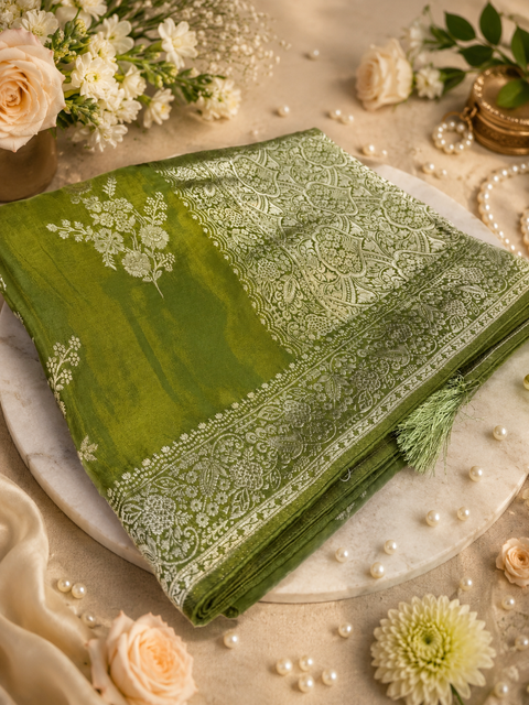 Henna Green color Beautiful Very Soft Pure Dola Silk Beautiful Saree (very soft to set the pleates) BLOUSE SHOWN IS FOR REFERENCE ONLY.THE BLOUSE PIECE IS INCLUDED WITH SAREE AS UNSTITCHED(slight variation in color and design is possible)