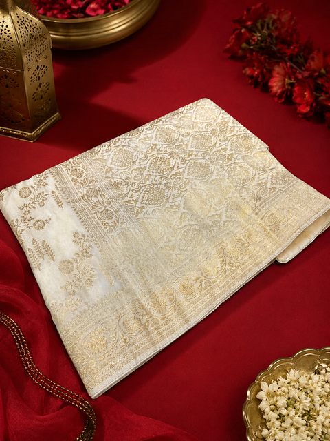 Soft Brocade Banarasi Beautiful Saree (very soft to set the pleates) Blouse Shown Is For Reference Only.The Blouse Piece Is Included With Saree As Unstitched