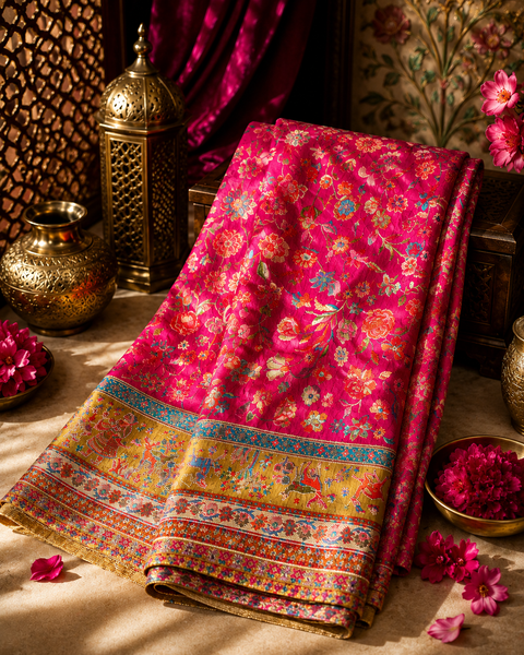 Kashmiri Kalamkari Inspired Soft Silk Saree with vibrant multicolour weaving and an elegant contrast pallu for a rich, timeless look.Blouse piece attached. Model image for reference only. Slight variation in colour and design may occur.