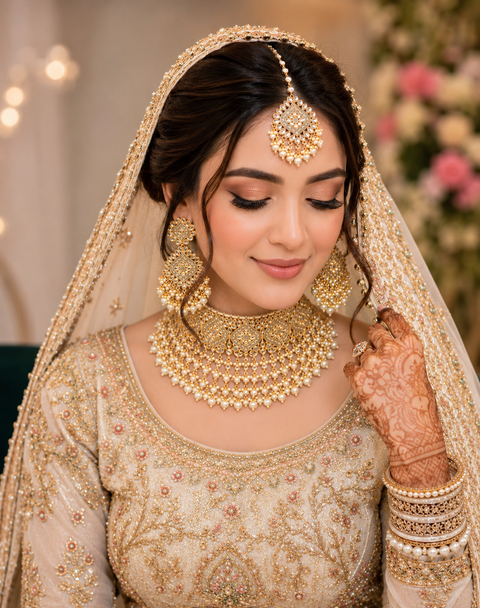 Handcrafted Kundan & Meenakari choker set with pearl detailing; (slight variation in color, design, and finishing may occur )
