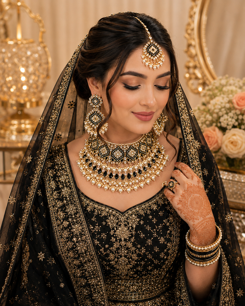 Handcrafted Kundan & Meenakari choker set with pearl detailing; (slight variation in color, design, and finishing may occur )