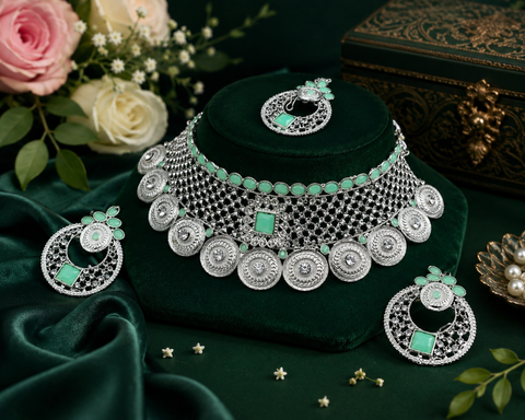 Silver And Pastel Green Colour Beautiful Stone Work Necklace Set slight variation in color and design is possible)