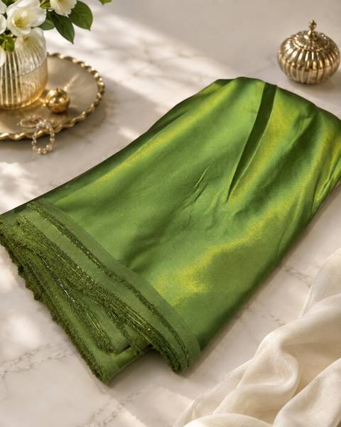 Olive Green colour Satin beautiful soft fabric(Per meter) 112cm width(slight variation in color is possible)