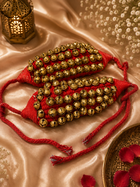 Ghungroo (50+50) Red Pad 5 Line Ghungroo Double String With Cushion Pads|Bell,Ghungru,Anklet Bell,Salangai,Chilanka|Paijania Kuchipudi,Bharatanatyam,Bharata Muni|Bharatnatyam Dance