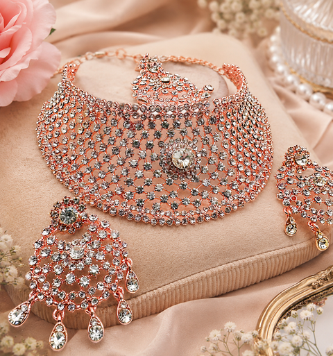 Rosegold & Silver Jerkan Stone Beautiful Necklace Set (slight variations in design and color is possible)