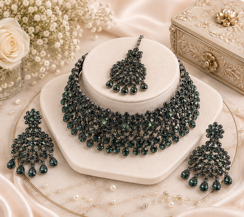 Deep Grey Black jerkan stone beautiful chokar set (slight variation in color and design is possible)