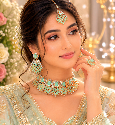 Pastel seafoam green Colour Crystal Stone With Silver Jerkan Stone Rosegold Necklace Set (slight variation in color and design is possible )