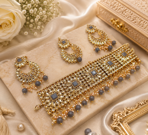 Grey Colour Crystal Stone With golden Jerkan Stone Necklace Set (slight variation in color and design is possible )