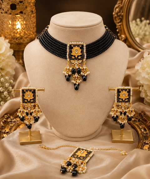Pearls & meenkari work beautiful choker set with kundan stones(slight variation in color and design is possible)